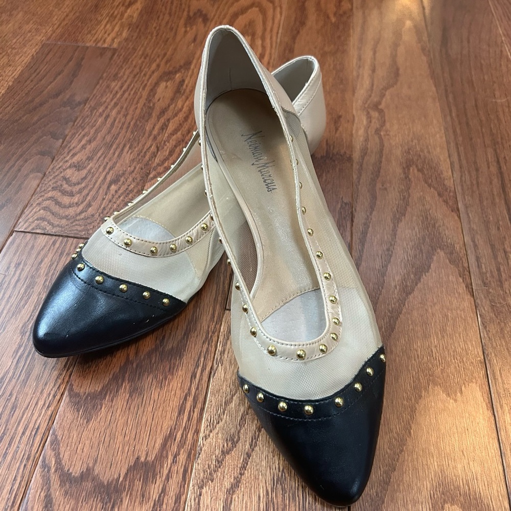Neiman Marcus Gertrud Black and Cream Gold Studded Flats Size 9.5